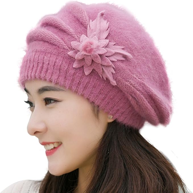 Amazon Yosangレディースウサギ毛かぎ針編みニットベレー帽キャップ冬ハンドメイドウールhat With Flower カラー パープル ベレー帽 通販