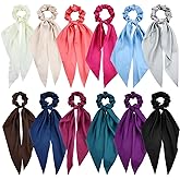 Cinaci 12 Pieces Solid Silky Satin Chiffon Hair Ties with Long Ribbon Bow Tail Hair Scrunchies Ponytail Holders Rubber Bands Accessories for Women Girls Teens