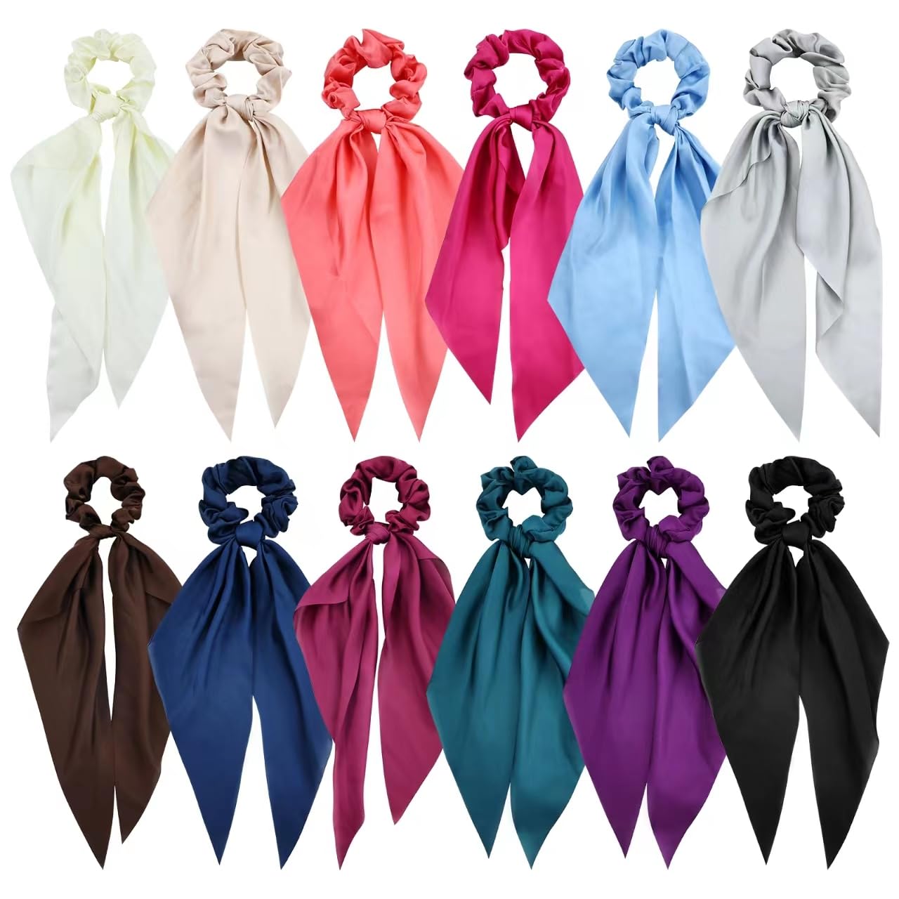 Cinaci 12 Pieces Solid Silky Satin Chiffon Hair Ties with Long Ribbon Bow Tail Hair Scrunchies Ponytail Holders Rubber Bands Accessories for Women Girls Teens