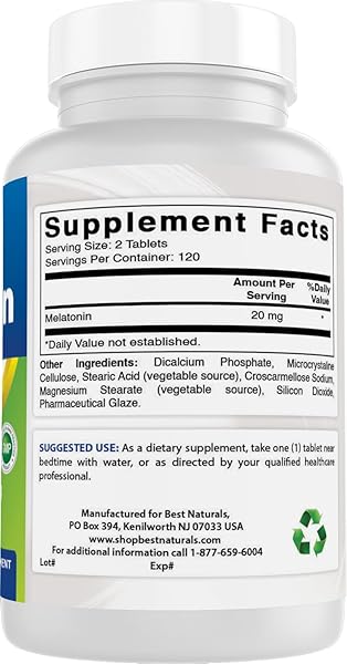 BEST NATURALS MELATONIN 20MG 240 TABLETS – DRUG-FREE NIGHTTIME SLEEP AID – NON-GMO & GLUTEN FREE