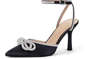 VETASTE Women's Double Bow Pointed Toe Ankle Strap Crystal Pumps Wedding Bridal Party Stilettos Backless Satin Heeled Sandals