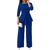 CLOCOR Women's 2 Piece Outfits Suit Set 3/4 Sleeve Peplum Top Flared Pants Sets Business Pantsuits