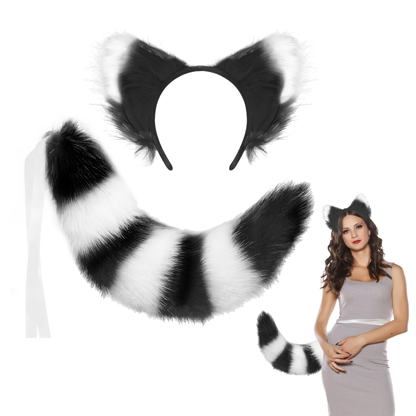 XINCHIA Faux Fur Fox Cat Ears Headband Tail Set Fluffy Wolf Fox Cosplay Costume Hair Hoop Long Tail Kit Animal Dress Up Fancy Dress Hairband Accessories Halloween Role Play Party Costume for Adults