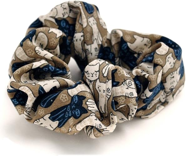 Amazon おすまし ネコ柄 シュシュ ベージュ ブルー レディース 女性用 シンプル しゅしゅ ヘアゴム ねこ 猫 キャット キャラクター ポップ カラフル 髪留め ヘアアレンジ 髪のボリュームアップ カワイイ おしゃれ カジュアル ヘアアクセサリー ジュエリー 通販