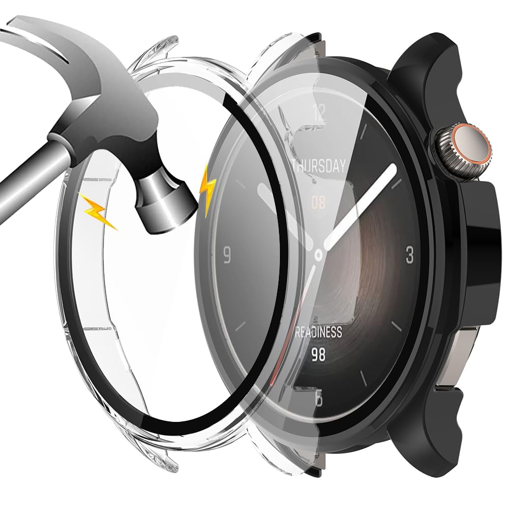 Akancy [2 Pieces Hard Case Compatible with Amazfit Balance with Protective Film, 9H Hardness Hart PC Case Tempered Glass Slim for Smart Amazfit Balance, Transparent Black