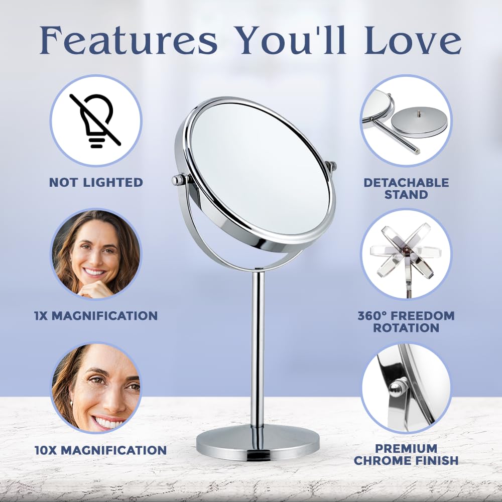 10X Magnifying Makeup Mirror on Round Stand for Tabletop, Bedroom Vanity Desk and Bathroom Counter - Free Standing Double Sided 10X/1X Magnification Mirror - 7