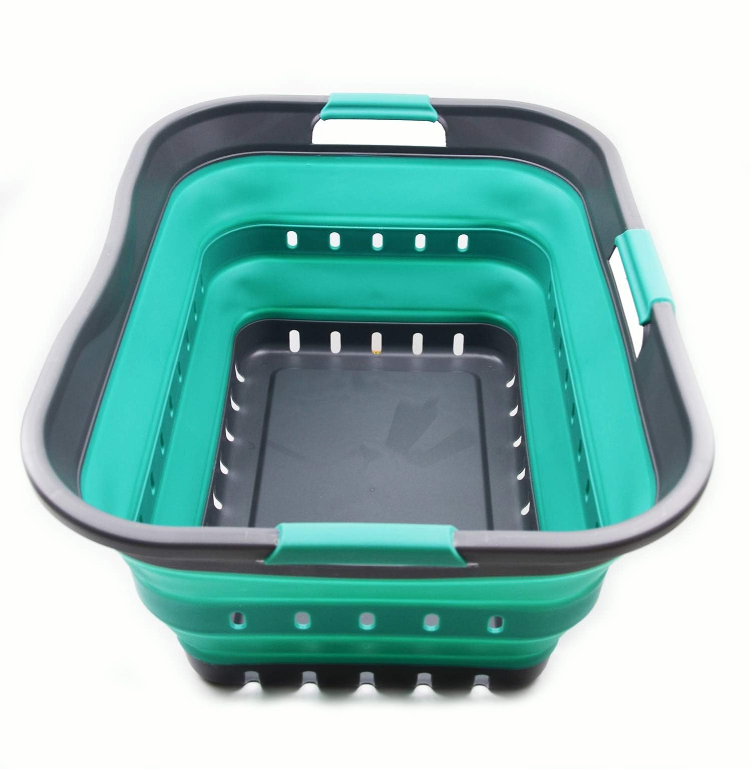 SAMMART 42L Collapsible Plastic Laundry Basket - Foldable Pop Up Storage Container/Organizer - Space Saving Hamper/Basket (1, Grey/Turquoise Blue)
