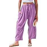 TARSE Womens Linen Wide Leg Pants Casual Loose Drawstring Summer Beach Travel Vacation Palazzo Harem Pants with Pockets