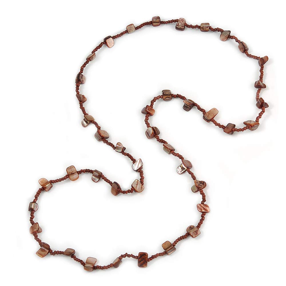 Avalaya Long Brown Glass Bead, Sea Shell Nugget Necklace/100cm L