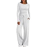 Trendy Queen Women's 2 Piece Matching Lounge Set Boat Neck Slim Fitted Top Wide Leg Pants Casual Tracksuits