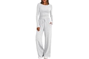 Trendy Queen Women's 2 Piece Matching Lounge Set Boat Neck Slim Fitted Top Wide Leg Pants Casual Tracksuits