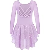 Arshiner Girls Long Sleeve Ballet Leotards with Shinny Skirts Criss-Cross Back Dance Dresses