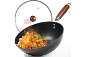 BrBrGo Carbon Steel Wok Pan, 9.5" Authentic Chinese Stir-Fry Pans Set with Glass Lid, 1.65lb Lightweight Flat Bottom Small Wo
