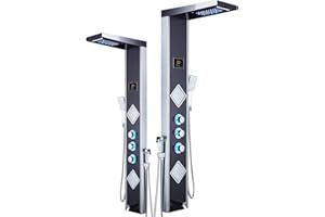 ELLO&ALLO LED Shower Panel Tower System,Rainfall Waterfall Shower Faucet Fixtures Bathroom Rain Massage System with Body Jets Brushed Nickel and Black