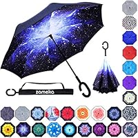 Z ZAMEKA Double Layer Inverted Umbrellas Reverse Folding Umbrella Windproof UV Protection Big Straight Umbrella Inside Out Upside Down for Car Rain Outdoor with C-Shaped Handle (New Starry Sky)