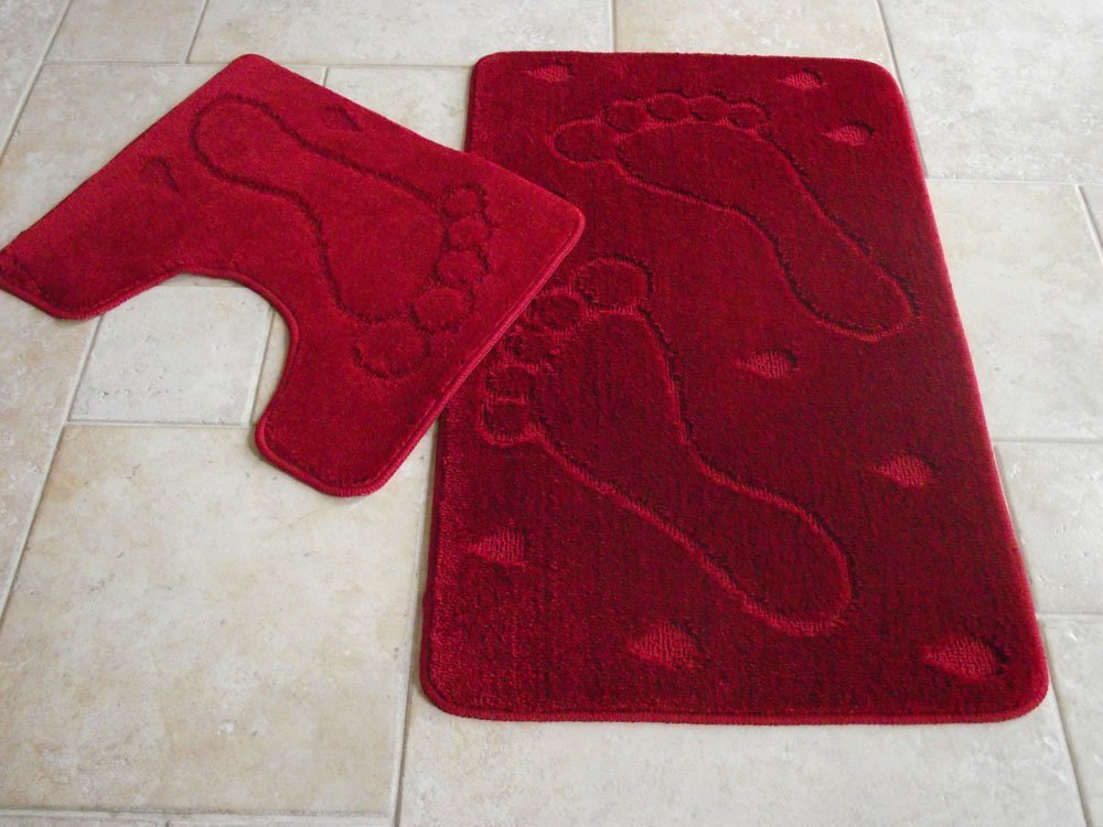 Wine Red Machine Washable 2 Piece Bath Mat Set Amazon.co.uk Kitchen
