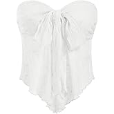 CIDER Summer Tube Tops for Women Floral Mesh Sheer Going Out Tops Cute Tie Front Strapless Flowy Top Trendy Y2K Outfits