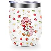 LONGXIN Cute Strawberry Wine Tumbler Cup Gifts for Women Girls Kawaii Accessories Strawberry Party Favors 12 oz Stainless Steel Coffee Wine Tumbler Cup with Lid
