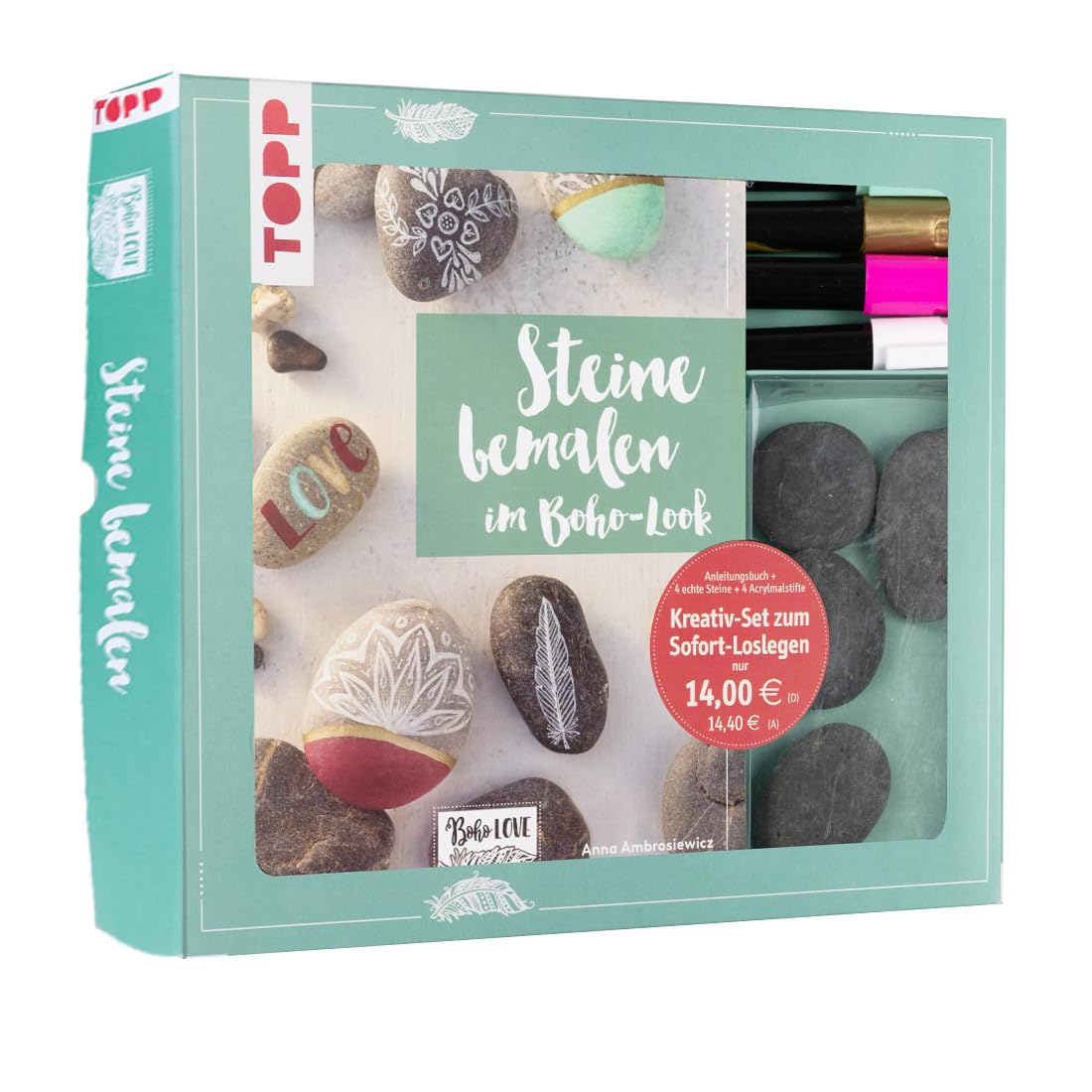 Kreativ-Set Steine bemalen im Boho-Stil: Buch mit einfachen Anleitungen (32 Seiten, 17 x 22 cm, Softcover) sowie 4 Acrylmalstiften und 4 Steinen. Buch plus Material. Box 22,8 x 26,2 x 3,5 cm