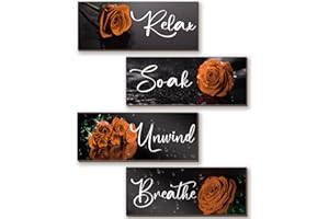 ZINYAZHE 4Pcs Orange Bathroom Decor Rose Wall Decor Wooden Orange Bathroom Accessories with Relax Soak Unwind Breathe Wall Art For Girl Women Bedroom Living Room Home Decoration (10 X 4 Inch)