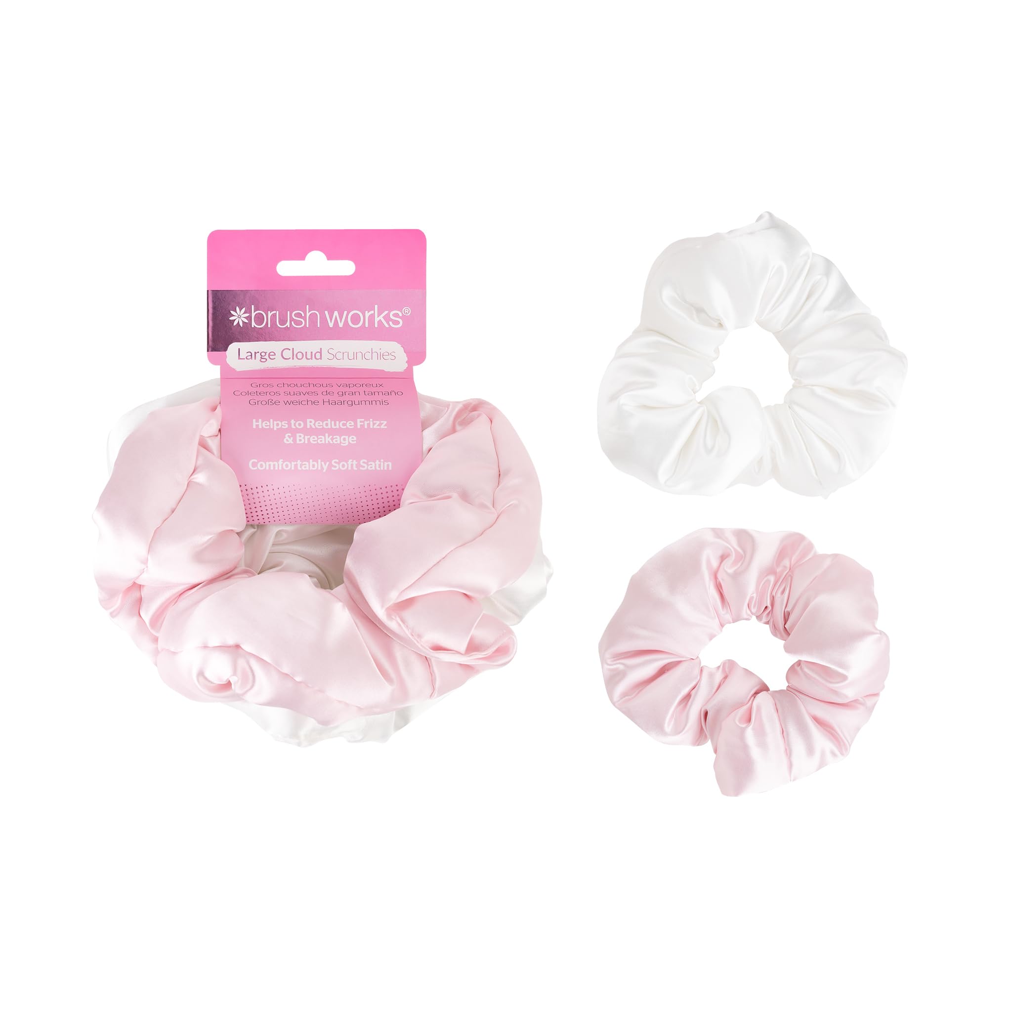 Brushworks Large Cloud Scrunchies – Pink & White (2 pack), Padded Soft Satin Hair Ties for Gentle Hold & Crease-Free Sleep, Comfortable, Vegan & Cruelty-Free Hair Accessories