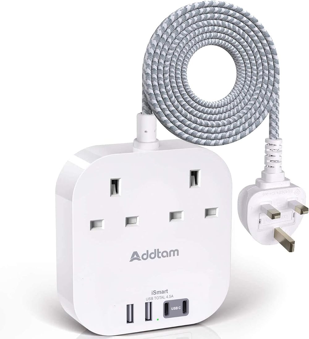 Addtam Power Strip Extension 4 USB-C/USB-A 2 AC Outlets 1.6m Braided Cord