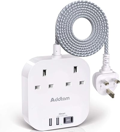 Addtam Power Strip Extension 4 USB-C/USB-A 2 AC Outlets 1.6m Braided Cord
