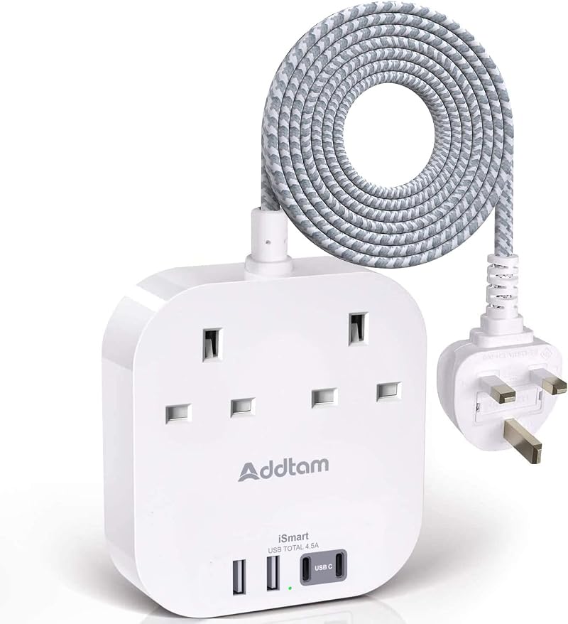 Addtam Power Strip Extension 4 USB-C/USB-A 2 AC Outlets 1.6m Braided Cord