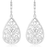Ritach 925 Silver Dangle Earrings for Women Leverback Filigree Teardrop Earrings Hypoallergenic Silver Dangle Drop Earring for Gifts
