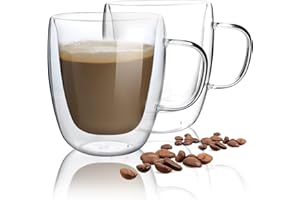 HORLIMER 15 oz Double Walled Glass Coffee Mugs Set of 2, Clear Insulated Coffee Cup with Handle for Espresso Cappuccino Latte Tea Milk Juice