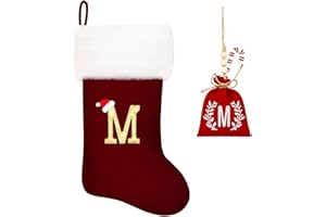 Eoocan 20 Inches Monogram Christmas Stockings Wine Red Velvet with White Super Soft Plush Cuff Embroidered Stockings Classic Personalized Stocking Decorations for Family Holiday Season Decor(Letter M)
