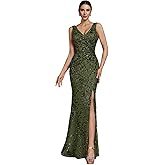 Elegant Long Sequin Formal Dress V-Neck Slit Design, Stretchy Fitted Glamorous