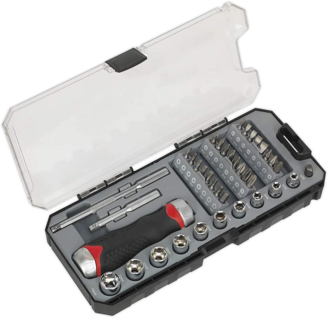 Sealey Ak64905 Fine Tooth Ratchet Screwdriver & Accessory Set 38Pc, White