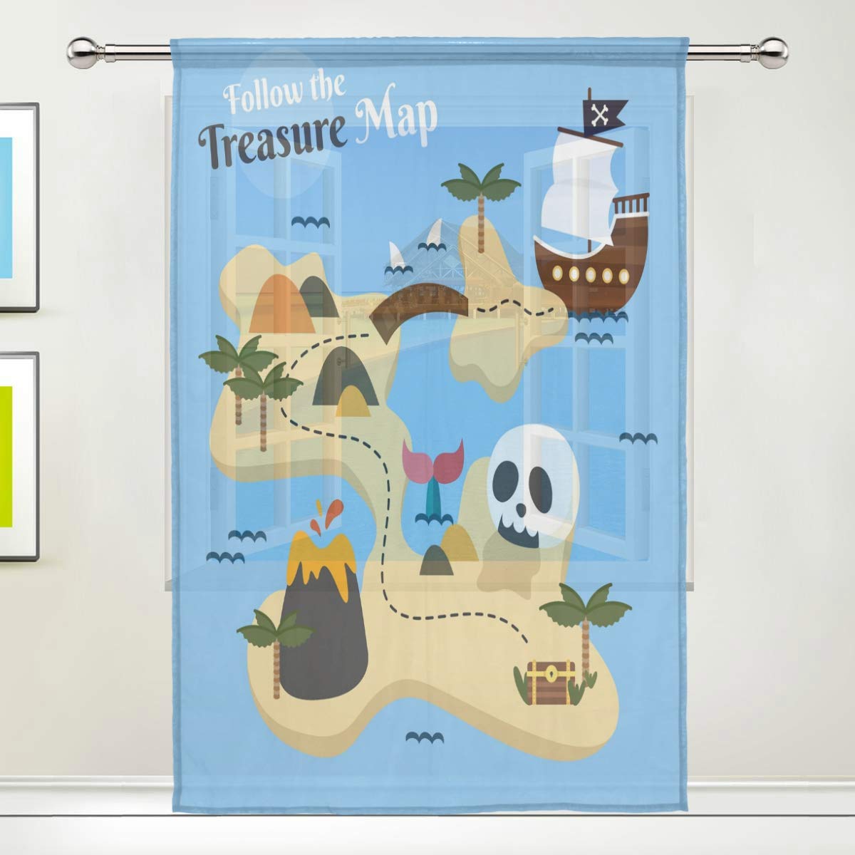 ISAOA Tulle Sheer Curtain,Pirate Treasure Map With Skull And Boat Window Curtain for Living Room/Bedroom Window Home Fashion & Decoration, Single panel, 52 x 84 Inches