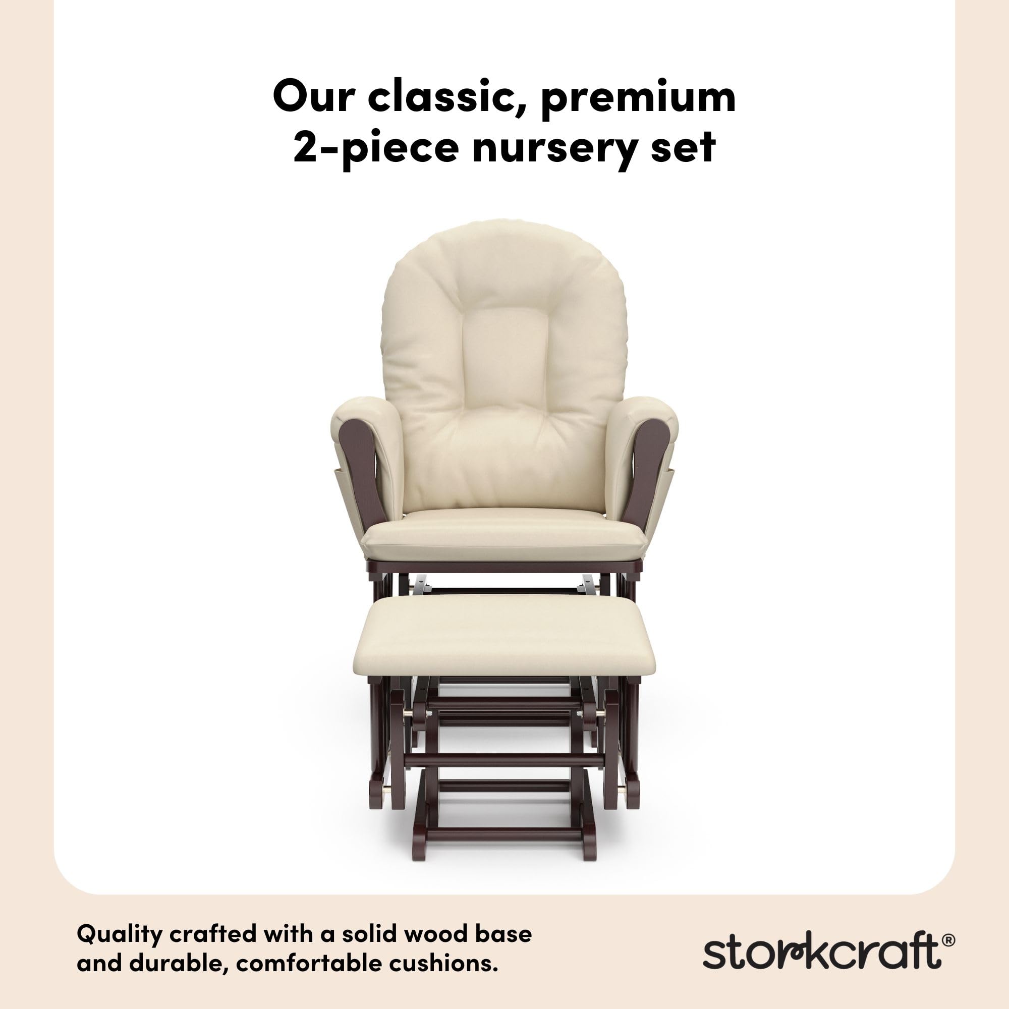 Storkcraft Premium Hoop Glider & Ottoman (Espresso with Beige) — GREENGUARD Gold Certified, Solid Wood Craftsmanship, Convenient Storage Pockets, Smooth-Gliding Chair for Nursery, Multi-Award-Winning