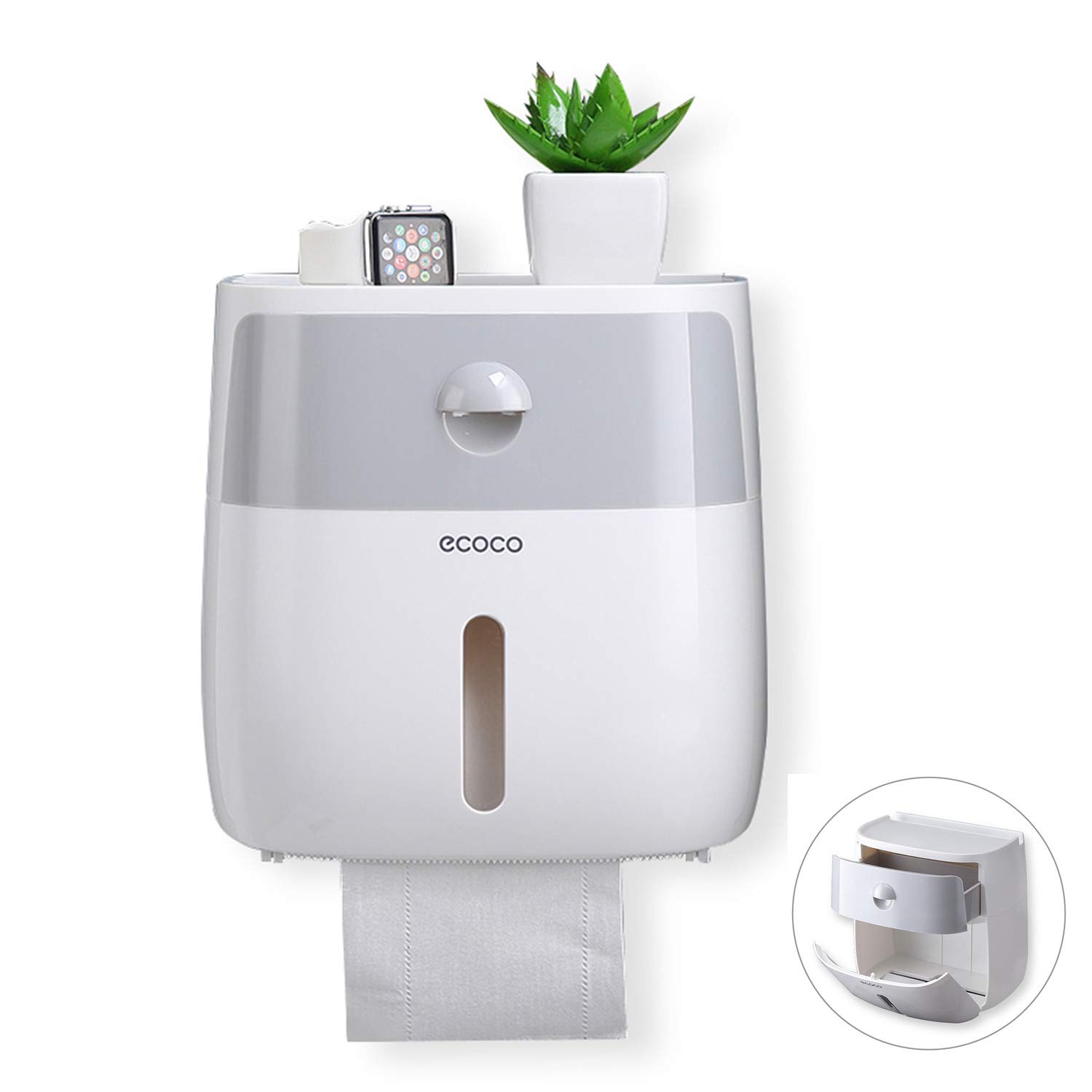 Meiyijia Toilet Roll Holder,Self Adhesive, Wall Mount Toilet Roll Holder,with Waterproof and dust Cover,with Storage Box,Be Applicable Roll Paper,Fold Paper Towel Multifold Paper Towel Dispenser,grey