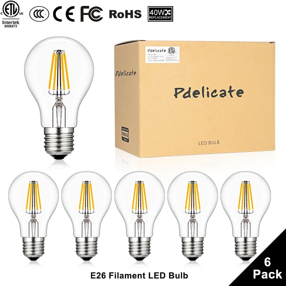 A19 E26 Base Edison Dimmable LED Bulbs, 40W Equivalent, 380lm, 360° Beam Angle, Soft White 2700K, CRI 90+, LED Filament Bulbs, ETL-Listed LED Globe Bulbs- (Pack of 6)