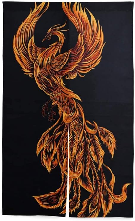 Amazon Tinzzeros のれん おしゃれ フェニックス火鳥イラストキャラクターデザイン 半間のれん 宿泊施設の パーティション おもし 遮像 タペストリー トイレ ポリエステル 家庭用 突っ張り棒付き 幅70 丈150 のれん オンライン通販