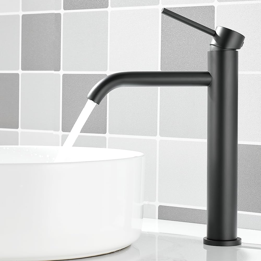 Maynosi Tall Bathroom Basin Mixer Taps, High Rise Basin Tap for Washroom, Countertop Sink Faucet with High Spout, Modern Monobloc Tap with Flexible Hoses, Matte Black