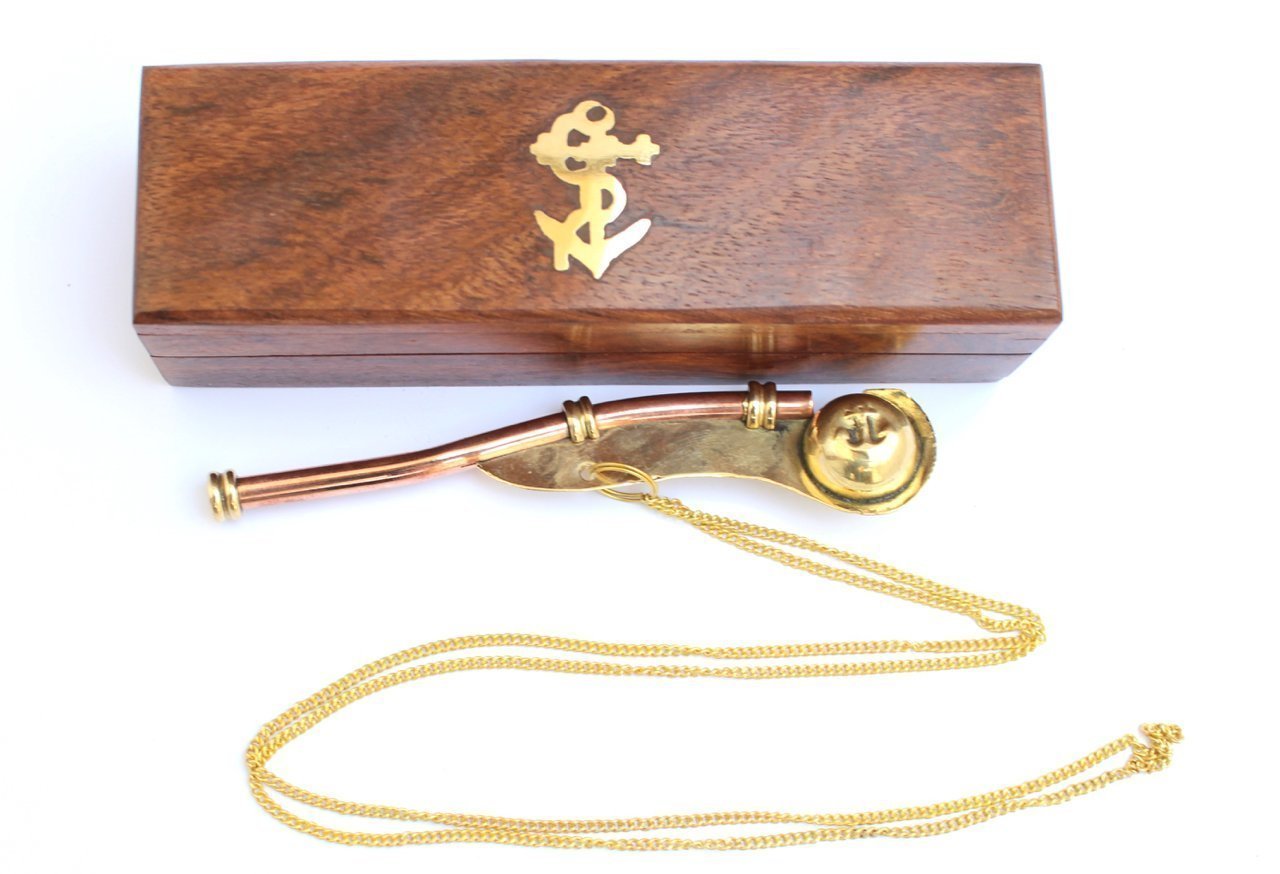 Solid Brass & Copper Boatswain (Bosun) 5" Whistle Chain with Rosewood Box
