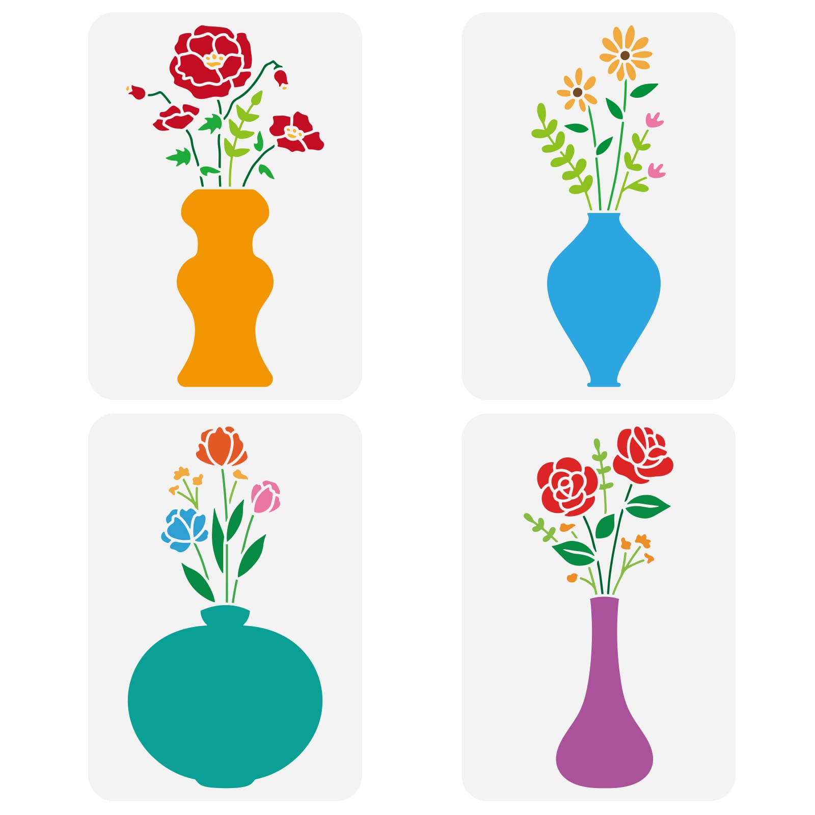 FINGERINSPIRE 4 pcs Flowers in Vase Painting Stencil 21x29.7cm Reusable Flower Vase Drawing Template Spring Flower Plants Stencil for Painting on Wall, Wood, Fabric Paper and Furniture