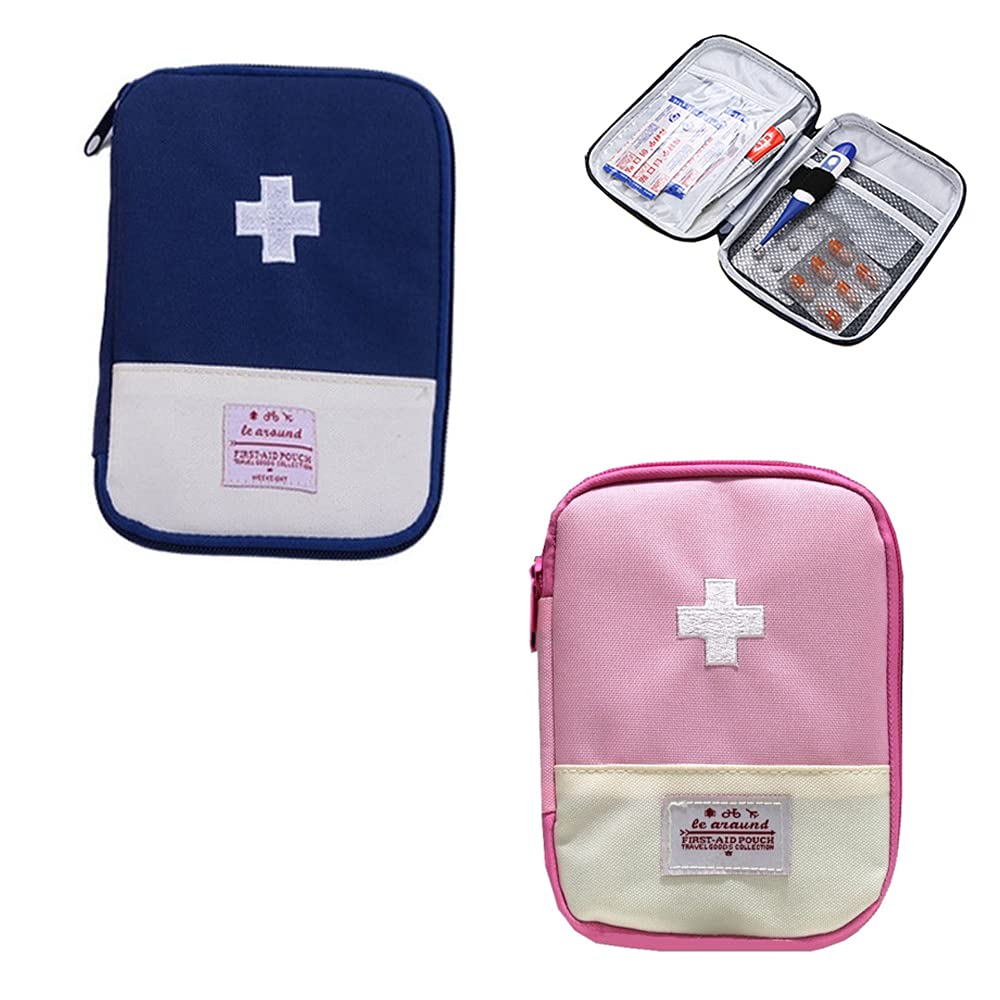 2 Pieces Empty Medicine Bag, Emergency Storage Bag, Travel Medicine Storage Bag, First Aid Kit Empty Bag, for Emergencies at Home, Office, Travel, Hiking, Camping (Blue, Pink) Large