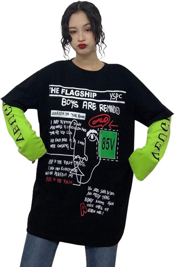 Amazon Hongma レディース 重ね着風 Tシャツ 長袖 英字 黒 緑 ゆったり 春夏 おしゃれ トレーナー パーカー 通販
