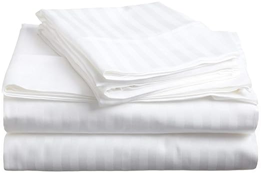 Reliable Trends 300 TC Plain Stripe Cotton King Size Elastic Fitted Bedsheet(230x250cm, White)