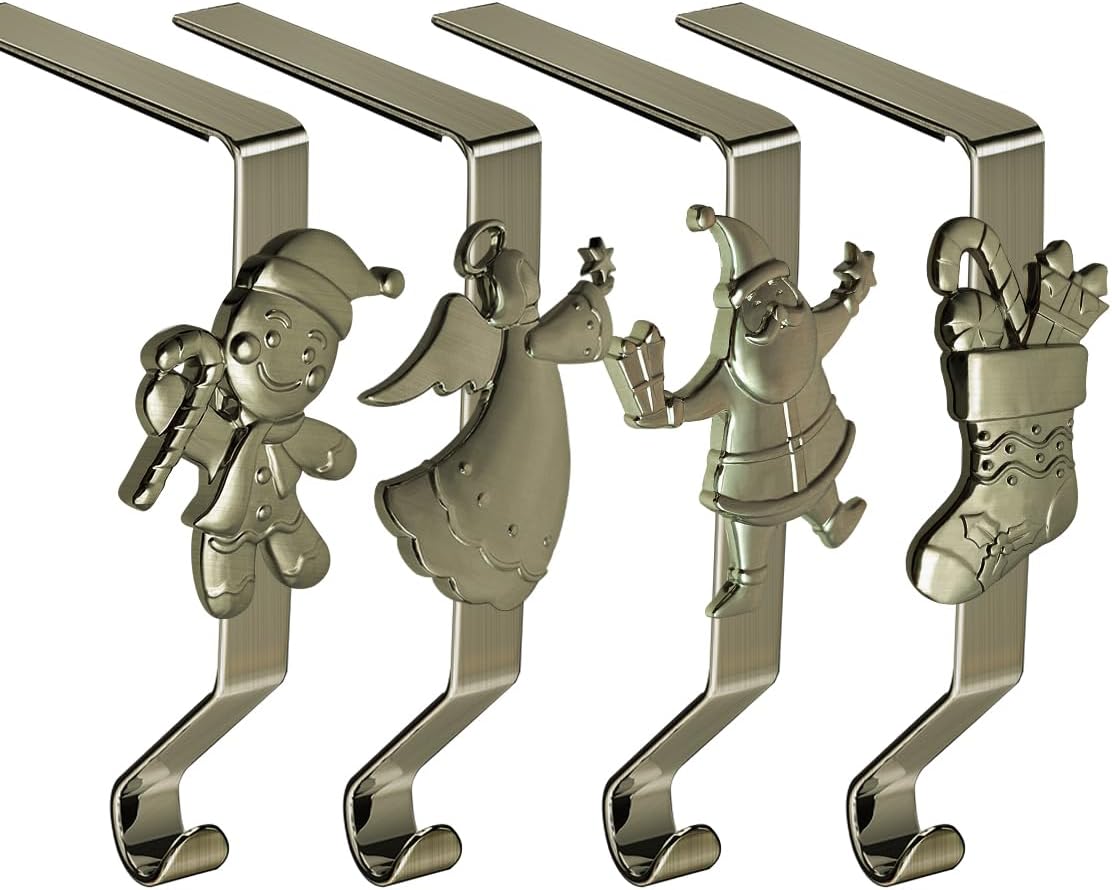 Ornament Hooks - Christmas Stocking Holder for Mantle Set of 4, Reusable Christmas Stocking Hooks, No-Damage Xmas Hanger for Fireplace mantle Grip Stand Christmas Decoration Ornaments Hanging Sliver Shelf Floor