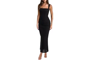 REORIA Summer Wedding Guest Maxi Dresses for Women Sleeveless Square Neck Sheer Mesh Ruched Bodycon Long Dress Trendy Clothes
