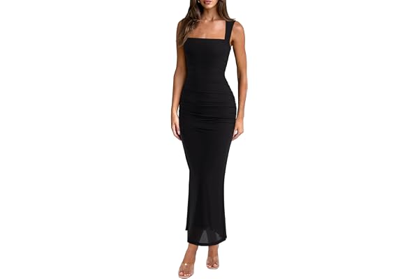 REORIA Summer Wedding Guest Maxi Dresses for Women | Sleeveless,Square Neck,Sheer Mesh,Ruched,Slim,Bodycon,Formal,Elegant Lon