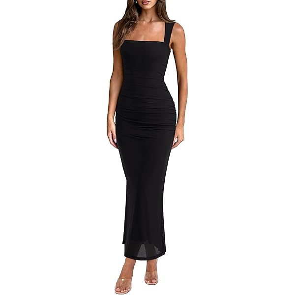 mesh square neck ruched maxi dress Vbvc Women's Square Neck Lace Maxi Dress, Ladies' Ruched Bodycon Split Mesh Dress, Wedding Guest Formal Evening Party Dress For Women,Black,S-XL, Size
