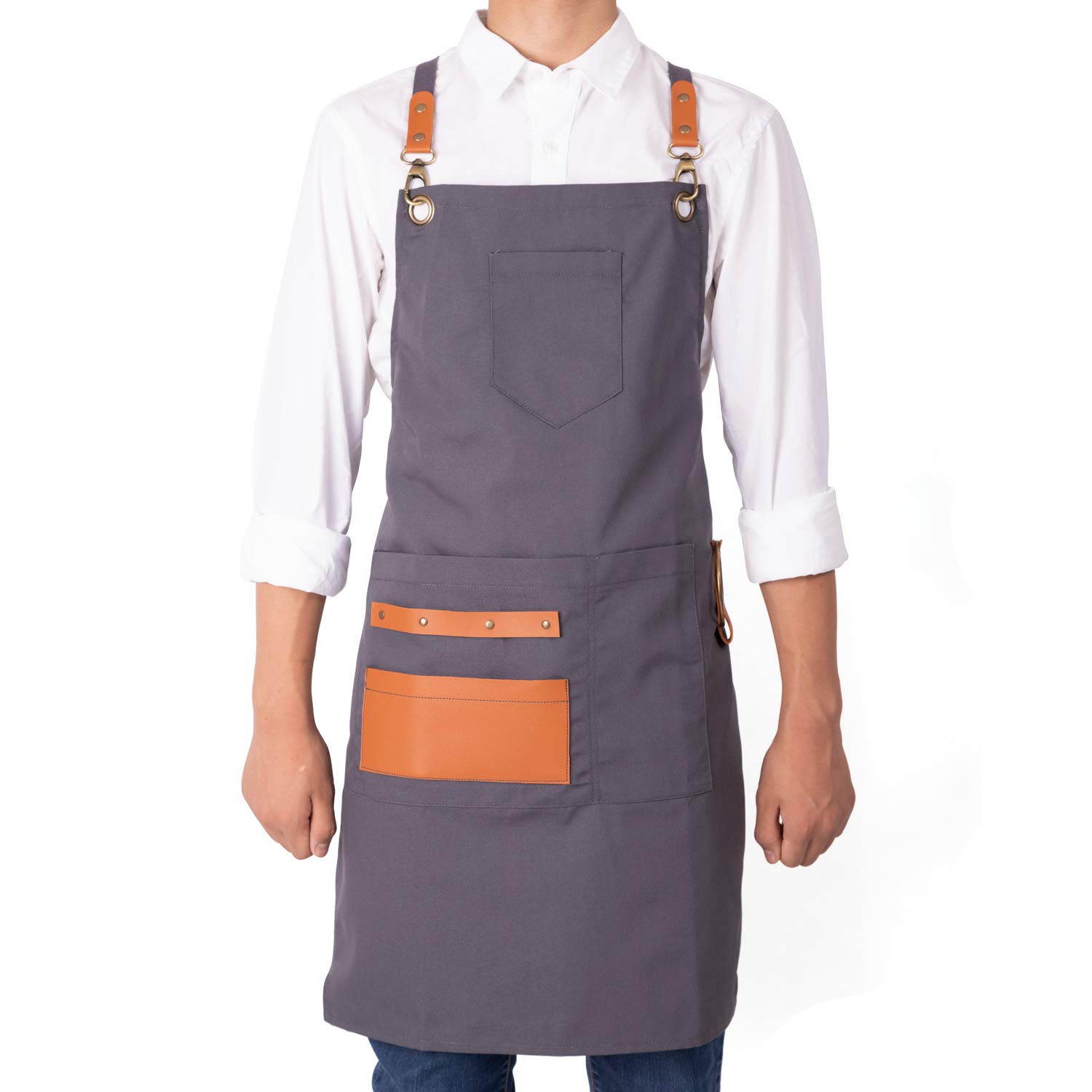 NEOVIVA Work Apron with Pockets, Woodworking Aprons for Men, Canvas Tools Apron Adjustable M to XXXL Cross Back for Barber, Kitchen, Garden, Pottery, Garage, Craft Workshop, School (Neutral Grey)