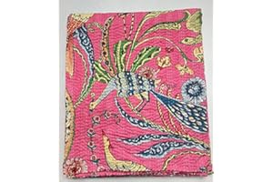 Sambhav Quilt Hub Handblock Animal Print Handmade Cotton Kantha Quilting Boho Throw Blanket Hippie Queen/King Size Bohemian Block Kantha Quilt (Pink, King 90"x108")